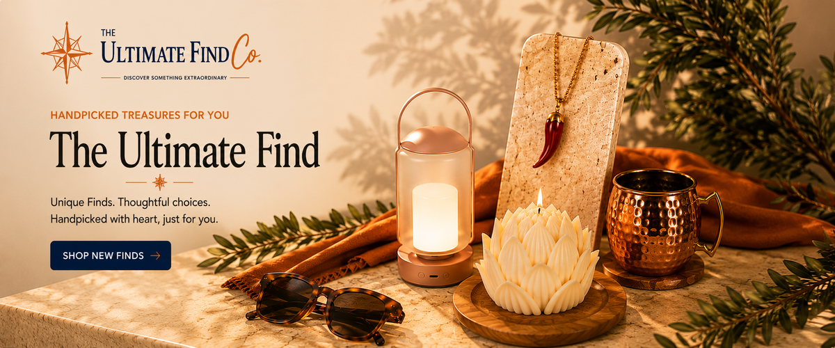 The Ultimate Find Co. curated collection featuring a portable lamp, Pimento necklace, lotus candle, copper mug and sunglasses.